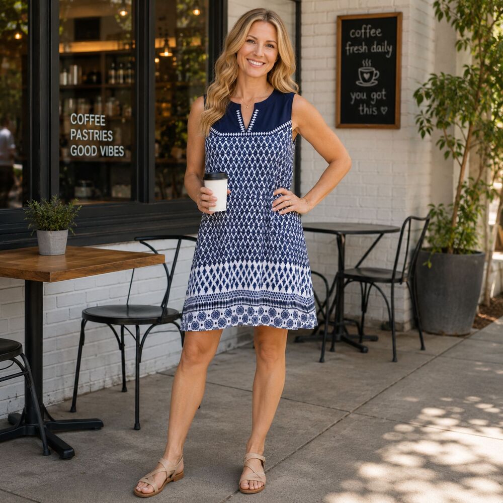 Monteau Navy White Geometric Border Print Sleeveless Shift Dress Medium
